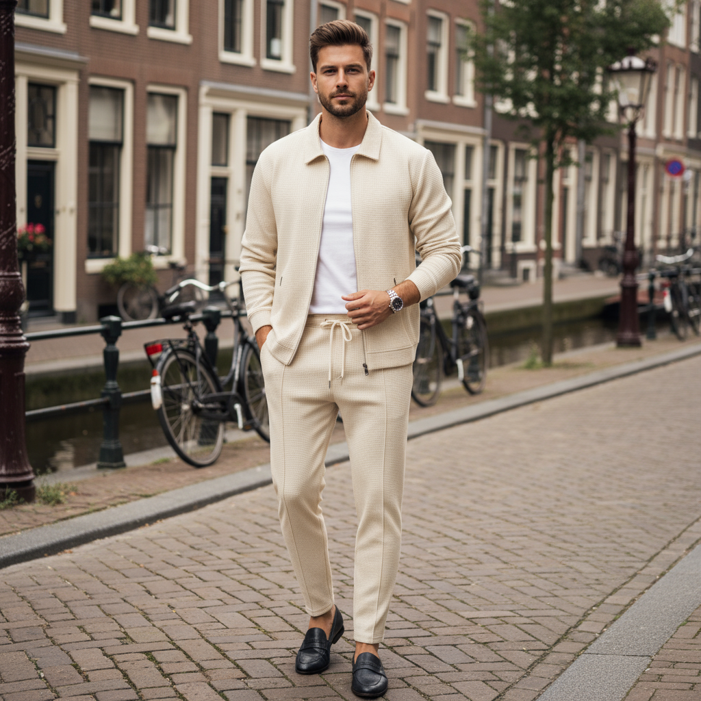 Adrian – Heren Set | Stijlvolle Wafelstructuur met Comfort Fit-Basser-Beige-S-Basser