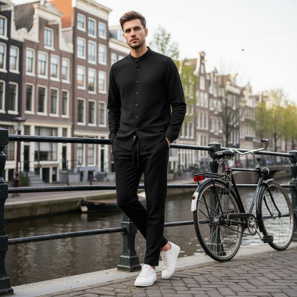 Angelo – Heren Set | Stijlvolle Top Met Relaxte Fit Broek-Basser-Zwart-M-Basser