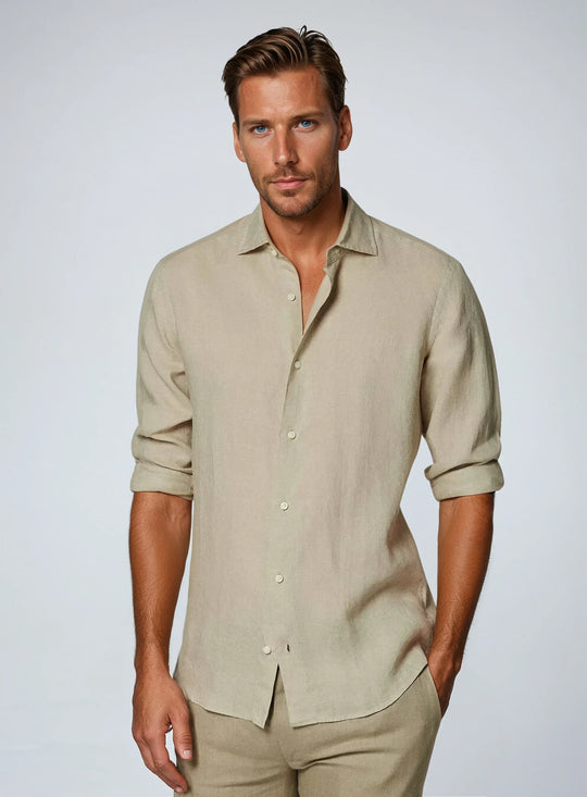 Basser - Heren Overhemd | 100% Linnen-Basser-Khaki-S-Basser