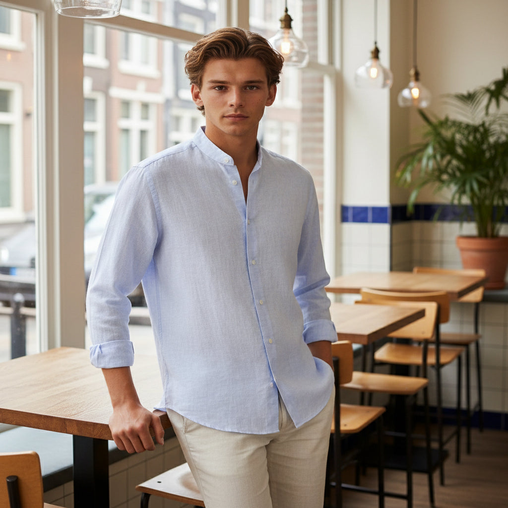 Basser - Heren Overhemd | Bandkraag-Basser-Lichtblauw-S-Basser