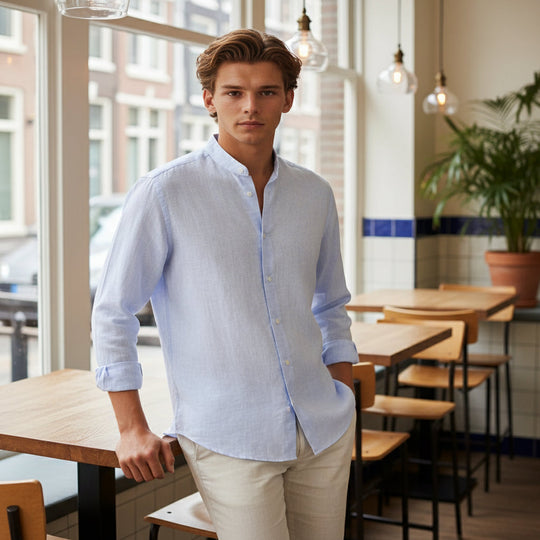 Basser - Heren Overhemd | Bandkraag-Basser-Lichtblauw-S-Basser