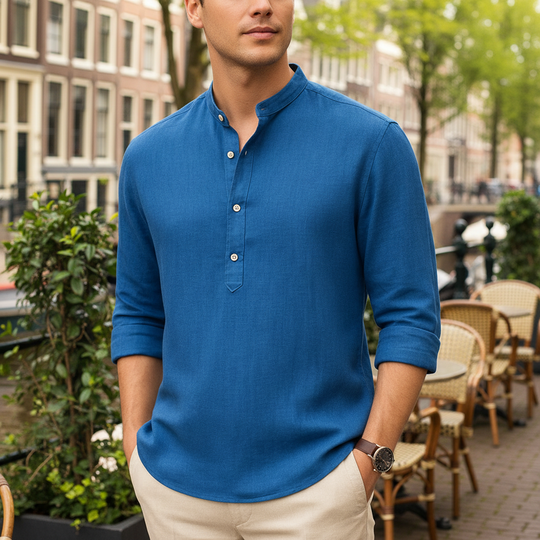 Basser - Heren Overhemd | Henley Kraag-Basser-Blauw-S-Basser