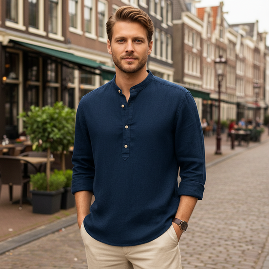 Basser - Heren Overhemd | Henley Kraag-Basser-Donkerblauw-S-Basser
