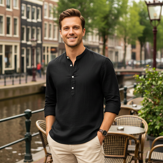 Basser - Heren Overhemd | Henley Kraag-Basser-Zwart-S-Basser