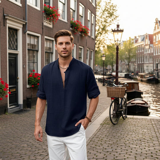 Basser - Heren Overhemd | Slanke Pasvorm-Casual Shirts: Casual Shirts-Basser-Marineblauw-S-Basser