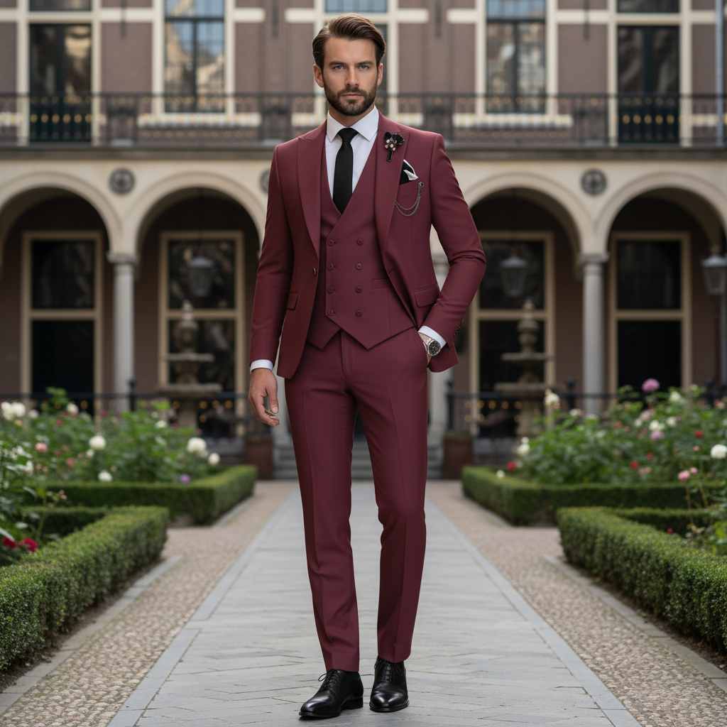 Basser - Heren Pak Zwart | Slim Fit 3-Delig-Basser-Bordeauxrood-XS-Basser