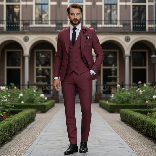 Basser - Heren Pak Zwart | Slim Fit 3-Delig-Basser-Bordeauxrood-XS-Basser