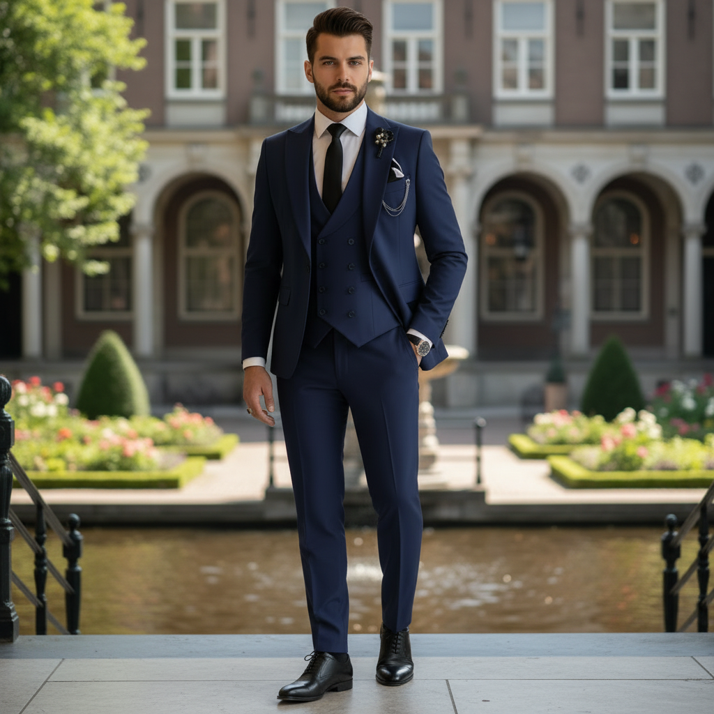 Basser - Heren Pak Zwart | Slim Fit 3-Delig-Basser-Marineblauw-XS-Basser