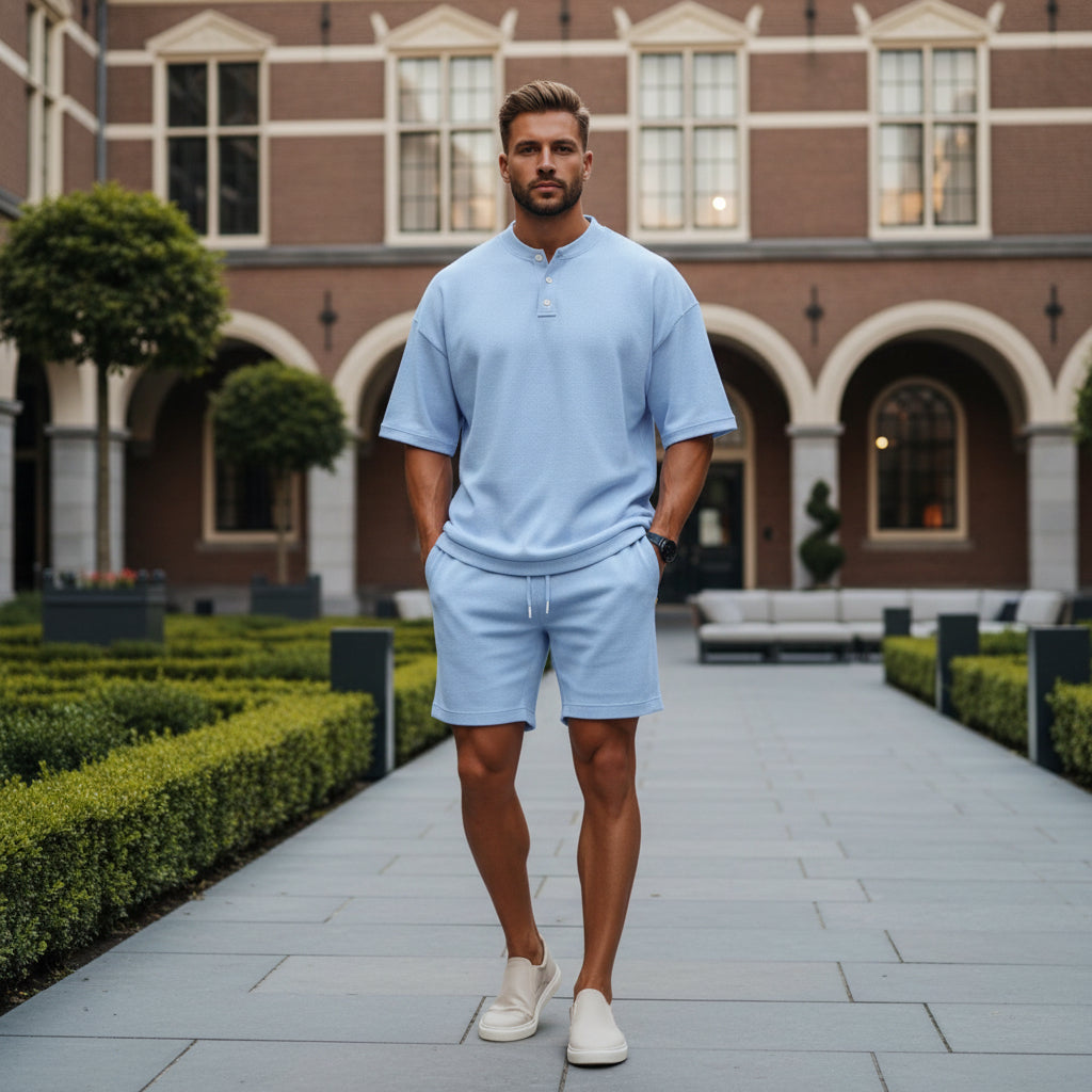 Basser - Heren Set | Henley Top en Shorts-Basser-Babyblauw-S-Basser