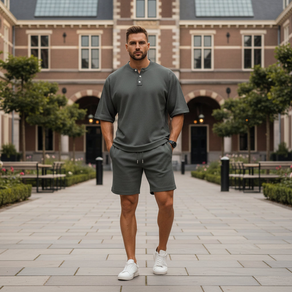 Basser - Heren Set | Henley Top en Shorts-Basser-Donkergrijs-S-Basser
