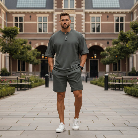 Basser - Heren Set | Henley Top en Shorts-Basser-Donkergrijs-S-Basser