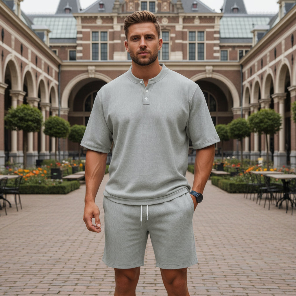 Basser - Heren Set | Henley Top en Shorts-Basser-Lichtgrijs-S-Basser