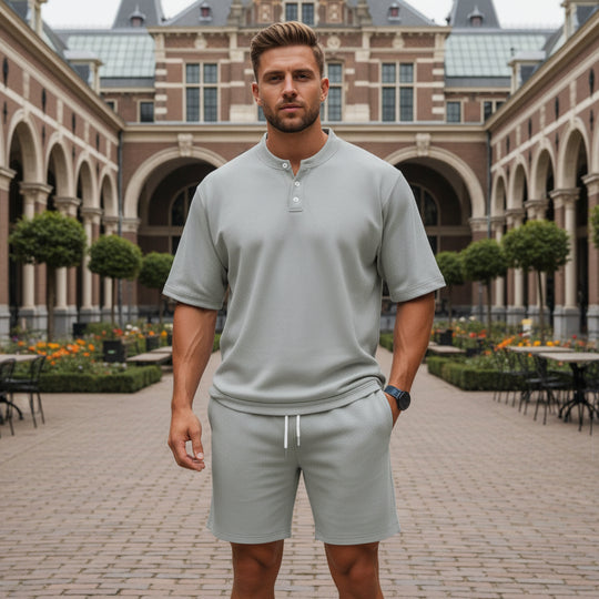 Basser - Heren Set | Henley Top en Shorts-Basser-Lichtgrijs-S-Basser