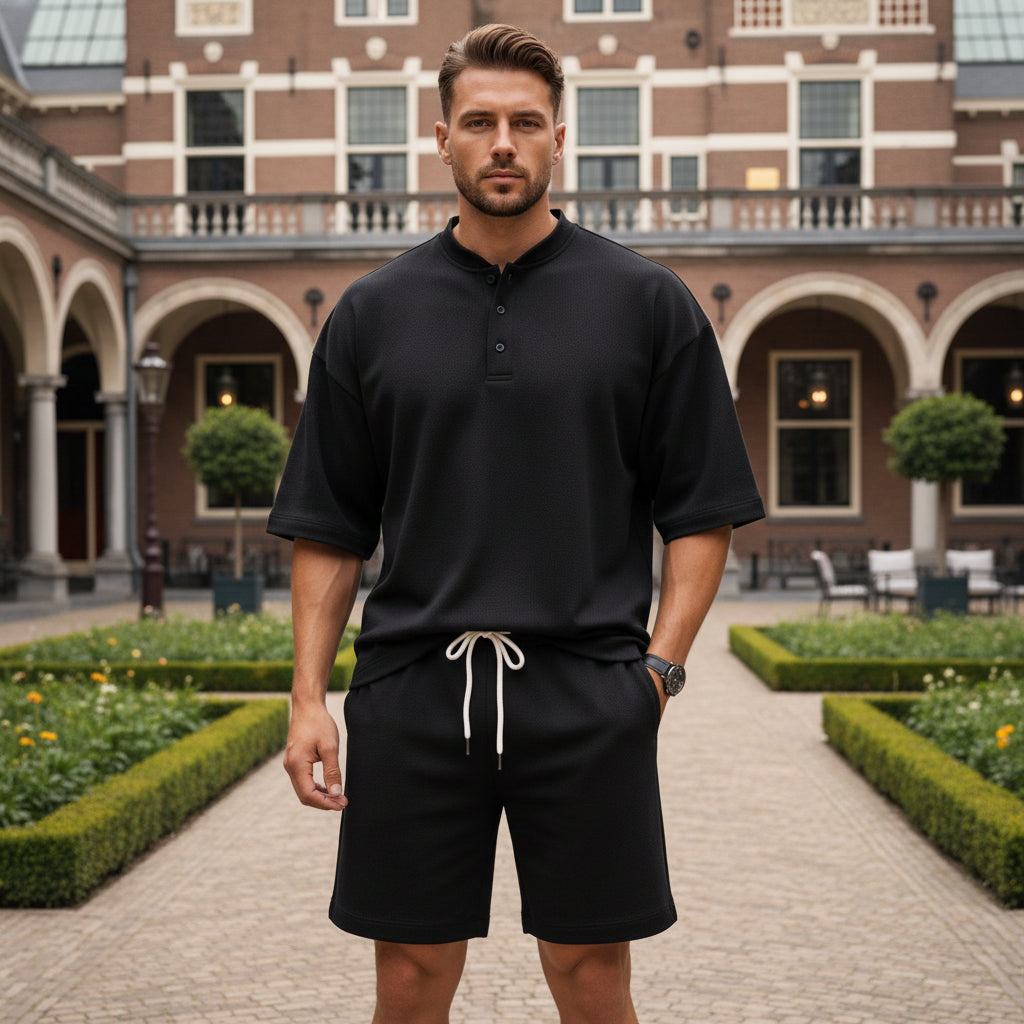 Basser - Heren Set | Henley Top en Shorts-Basser-Zwart-S-Basser