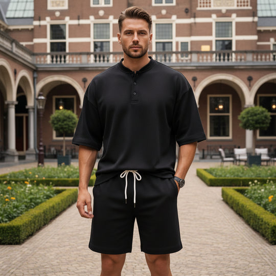 Basser - Heren Set | Henley Top en Shorts-Basser-Zwart-S-Basser