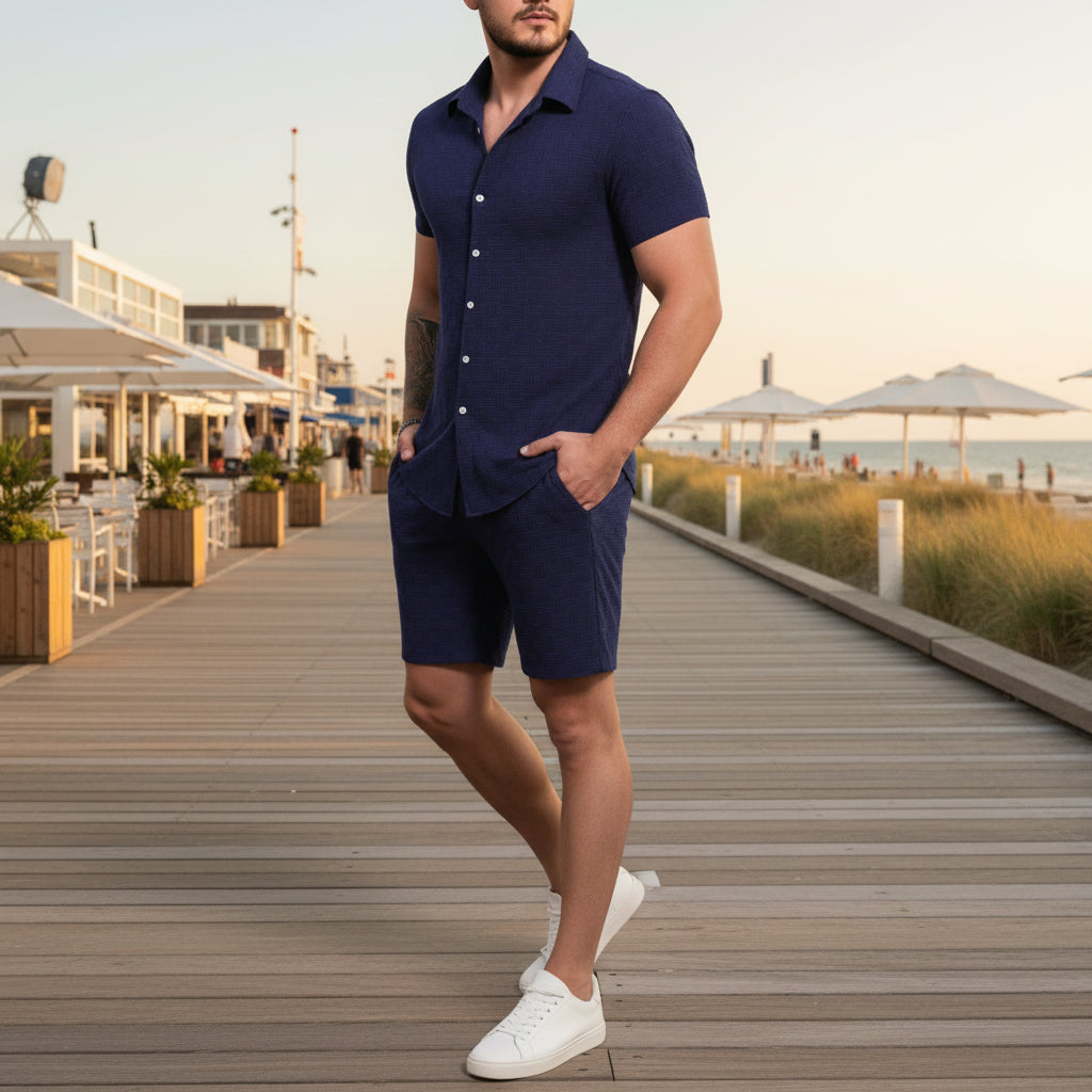 Basser - Heren Set | Klassiek Overhemd met Shorts-Sets voor heren-Basser-Donkerblauw-S-Basser