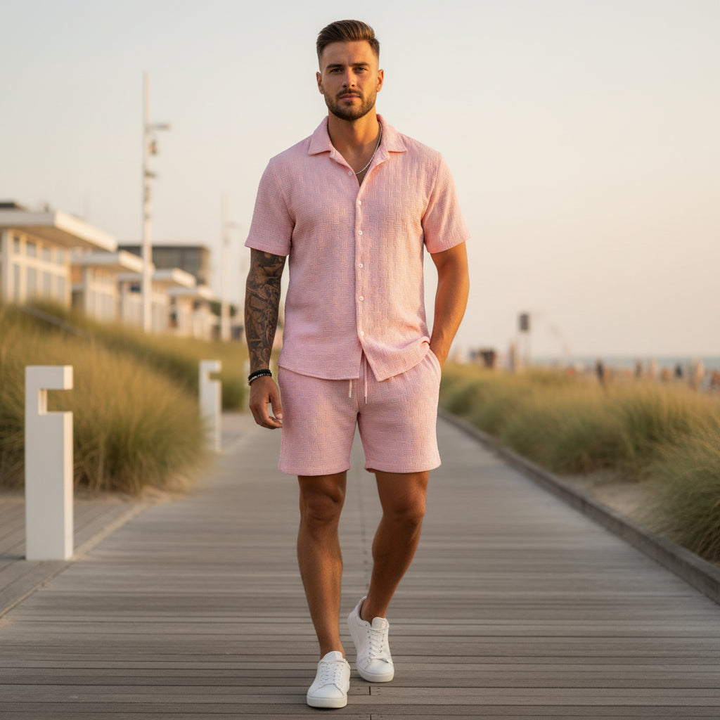 Basser - Heren Set | Klassiek Overhemd met Shorts-Sets voor heren-Basser-Roze-S-Basser