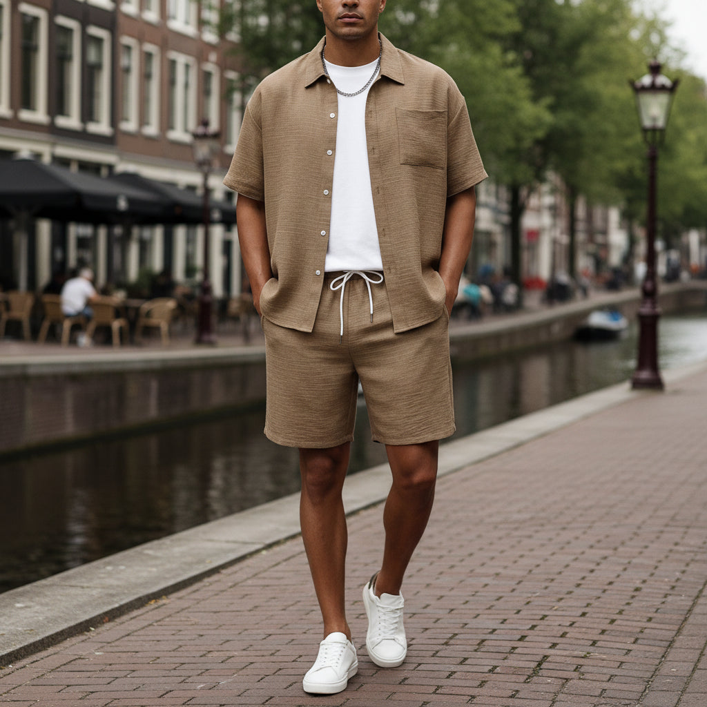 Basser - Heren Set | Losvallend Overhemd en Shorts-Sets voor heren-Basser-Abrikoos-S-Basser