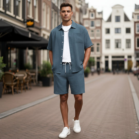 Basser - Heren Set | Losvallend Overhemd en Shorts-Sets voor heren-Basser-Blauw-S-Basser