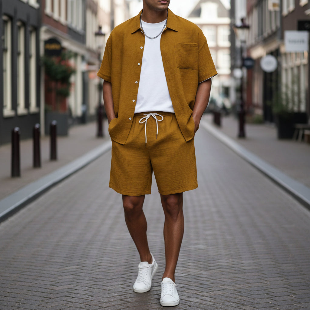 Basser - Heren Set | Losvallend Overhemd en Shorts-Sets voor heren-Basser-Geel-S-Basser