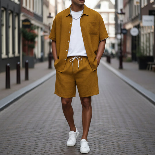 Basser - Heren Set | Losvallend Overhemd en Shorts-Sets voor heren-Basser-Geel-S-Basser