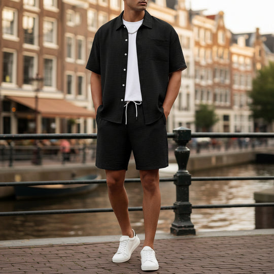 Basser - Heren Set | Losvallend Overhemd en Shorts-Sets voor heren-Basser-Zwart-S-Basser