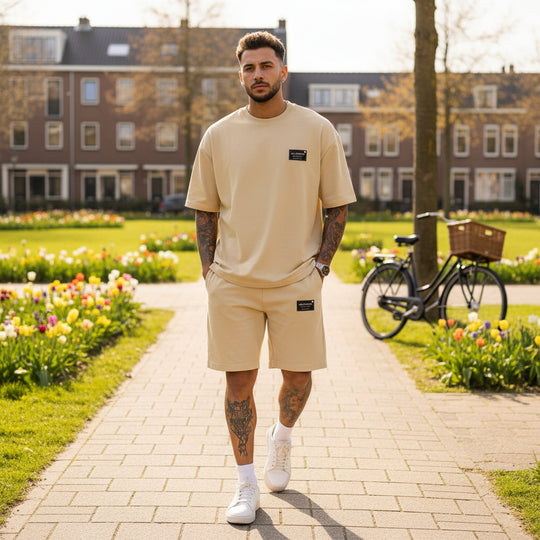 Basser - Heren Set | Oversized T-shirt en Shorts-Basser-Beige-S-Basser