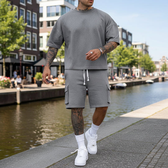 Basser - Heren Set | Relaxed T-Shirt met Bermuda Shorts-Sets voor heren-Basser-Donkergrijs-S-Basser