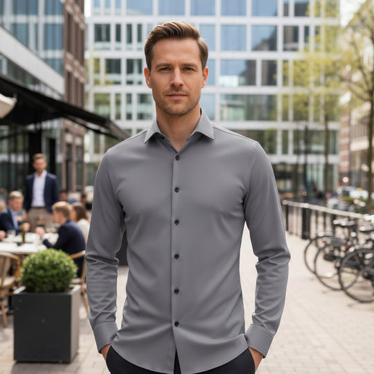 Basser - Heren Shirt | Anti-Kreuk Stretch-Basser-Grijs-M-Basser