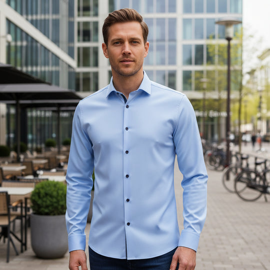 Basser - Heren Shirt | Anti-Kreuk Stretch-Basser-Lichtblauw-M-Basser