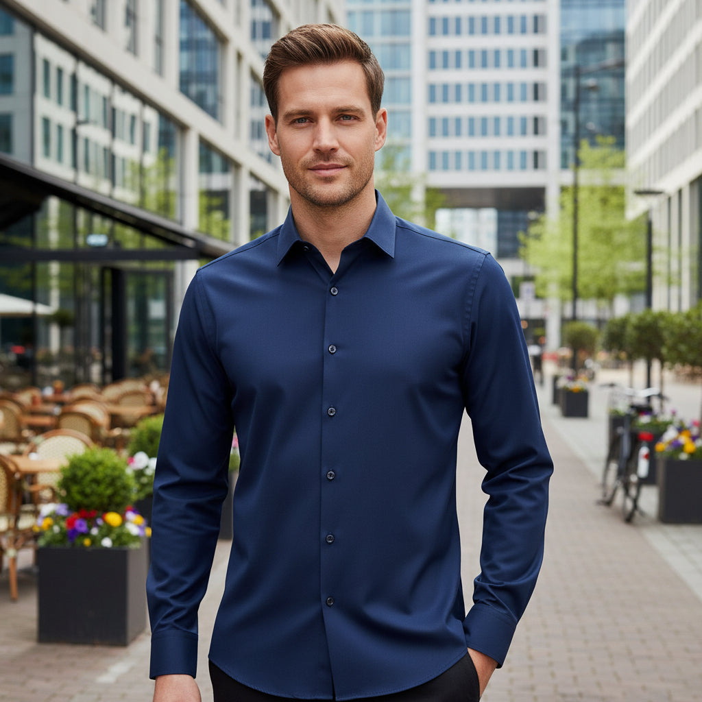 Basser - Heren Shirt | Anti-Kreuk Stretch-Basser-Marineblauw-M-Basser