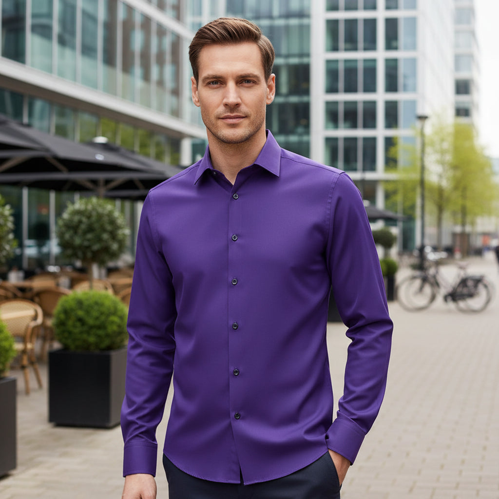 Basser - Heren Shirt | Anti-Kreuk Stretch-Basser-Paars-M-Basser