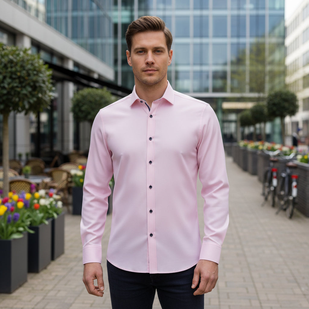 Basser - Heren Shirt | Anti-Kreuk Stretch-Basser-Roze-M-Basser