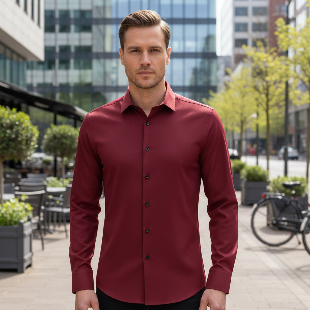 Basser - Heren Shirt | Anti-Kreuk Stretch-Basser-Wijnrood-M-Basser