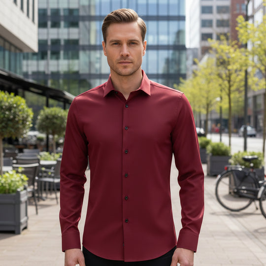 Basser - Heren Shirt | Anti-Kreuk Stretch-Basser-Wijnrood-M-Basser