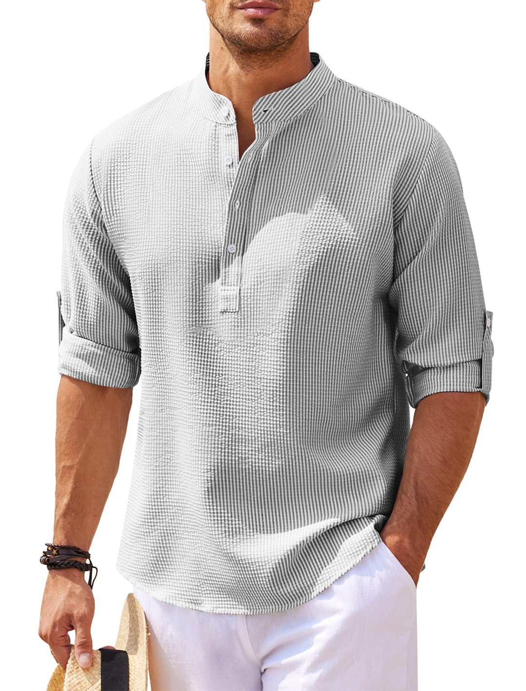 Basser - Heren Shirt | Opstaande Kraag-Basser-Lichtgrijs-S-Basser