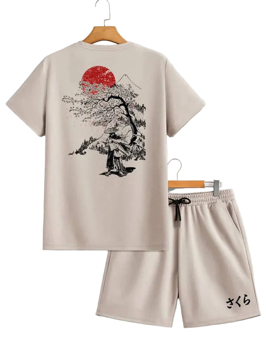 Basser - Heren T-shirt en Shorts Set | Unieke Print-Basser-Khaki-S-Basser