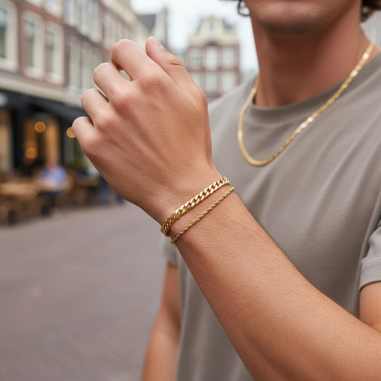 Basser - Heren Armbanden | Cubaanse en Touwketting Set 2