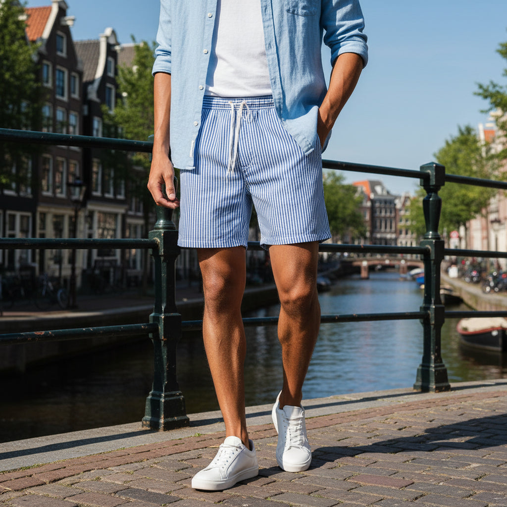 Brandon – Heren Zwemshort | Gestreept Ontwerp met Elastische Tailleband-Basser-Blauw-S-Basser