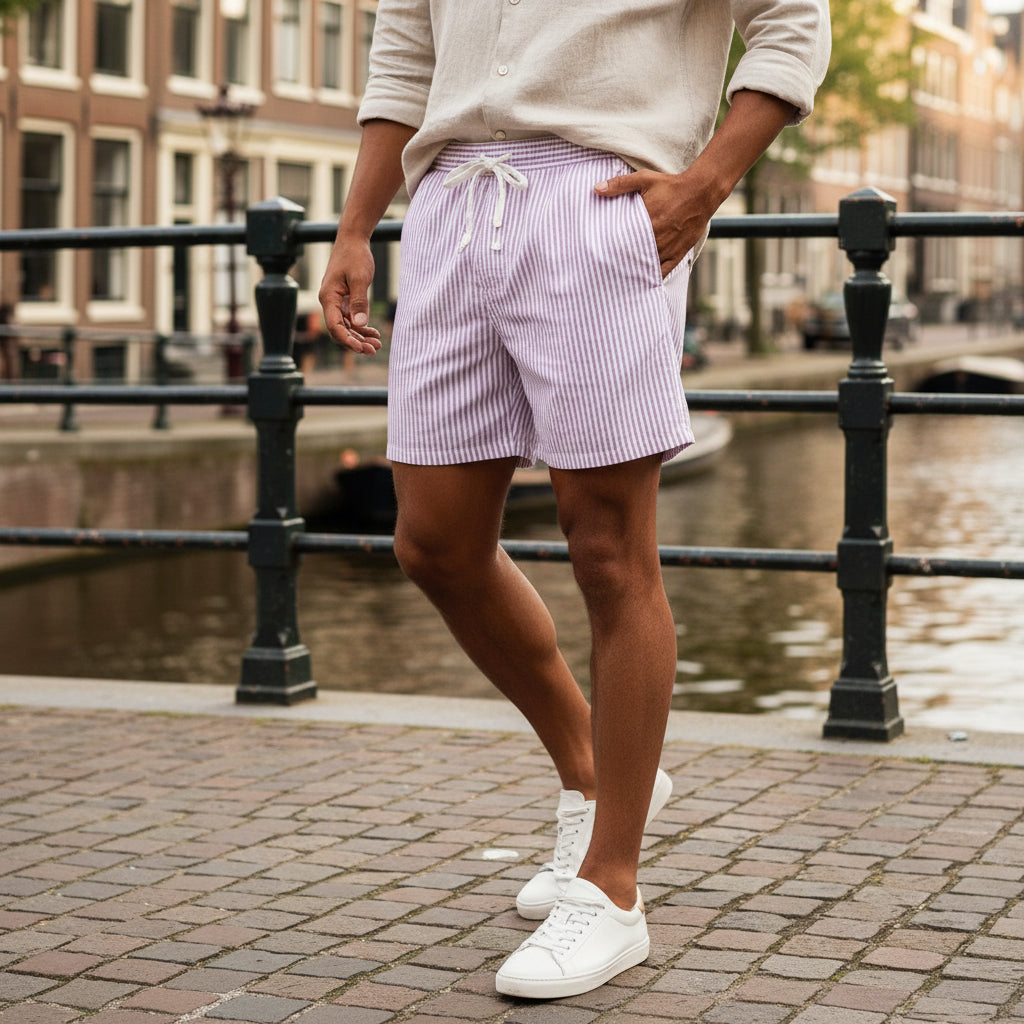 Brandon – Heren Zwemshort | Gestreept Ontwerp met Elastische Tailleband-Basser-Blush Roze-S-Basser
