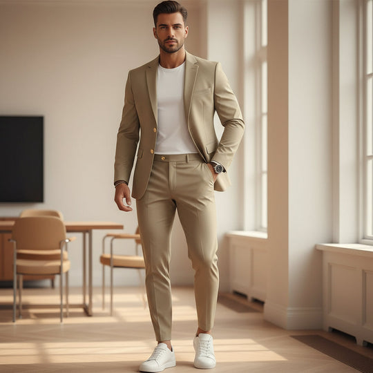 Casper – Heren Blazer & Broek Set | Tijdloos Elegant Design met Comfortabele Pasvorm-Basser-Khaki-2XS-Basser