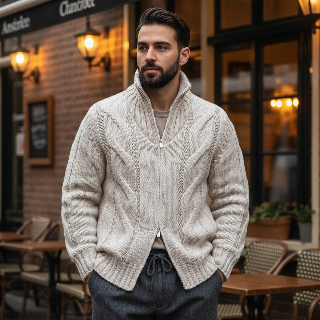 Daan – Heren Cardigan | Hoogwaardige Merinowol, Hoge Kraag, Ritssluiting-Heren Cardigans-Basser-Wit-M-Basser