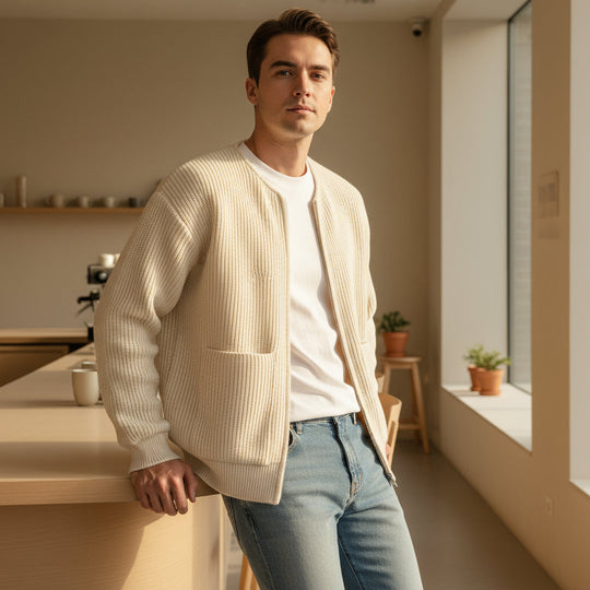 Finn – Heren Vest | Ronde Hals, Gebreid, Praktisch-Herentruien-Basser-Beige-S-Basser