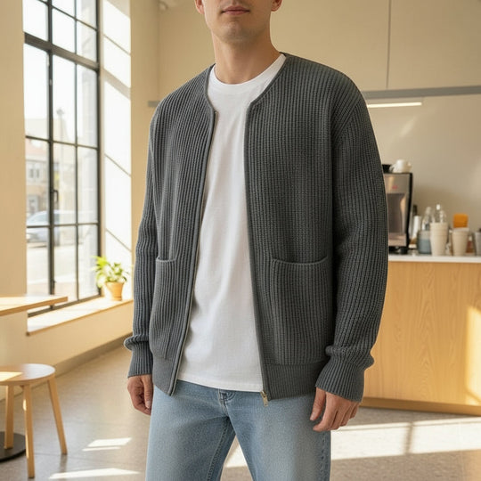 Finn – Heren Vest | Ronde Hals, Gebreid, Praktisch-Herentruien-Basser-Grijs-S-Basser