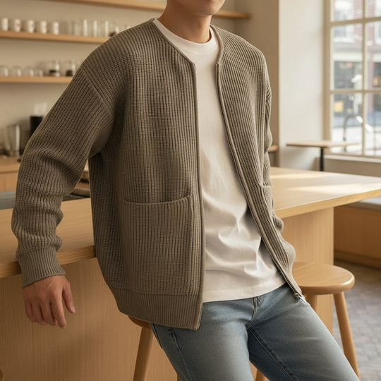 Finn – Heren Vest | Ronde Hals, Gebreid, Praktisch-Herentruien-Basser-Khaki-S-Basser