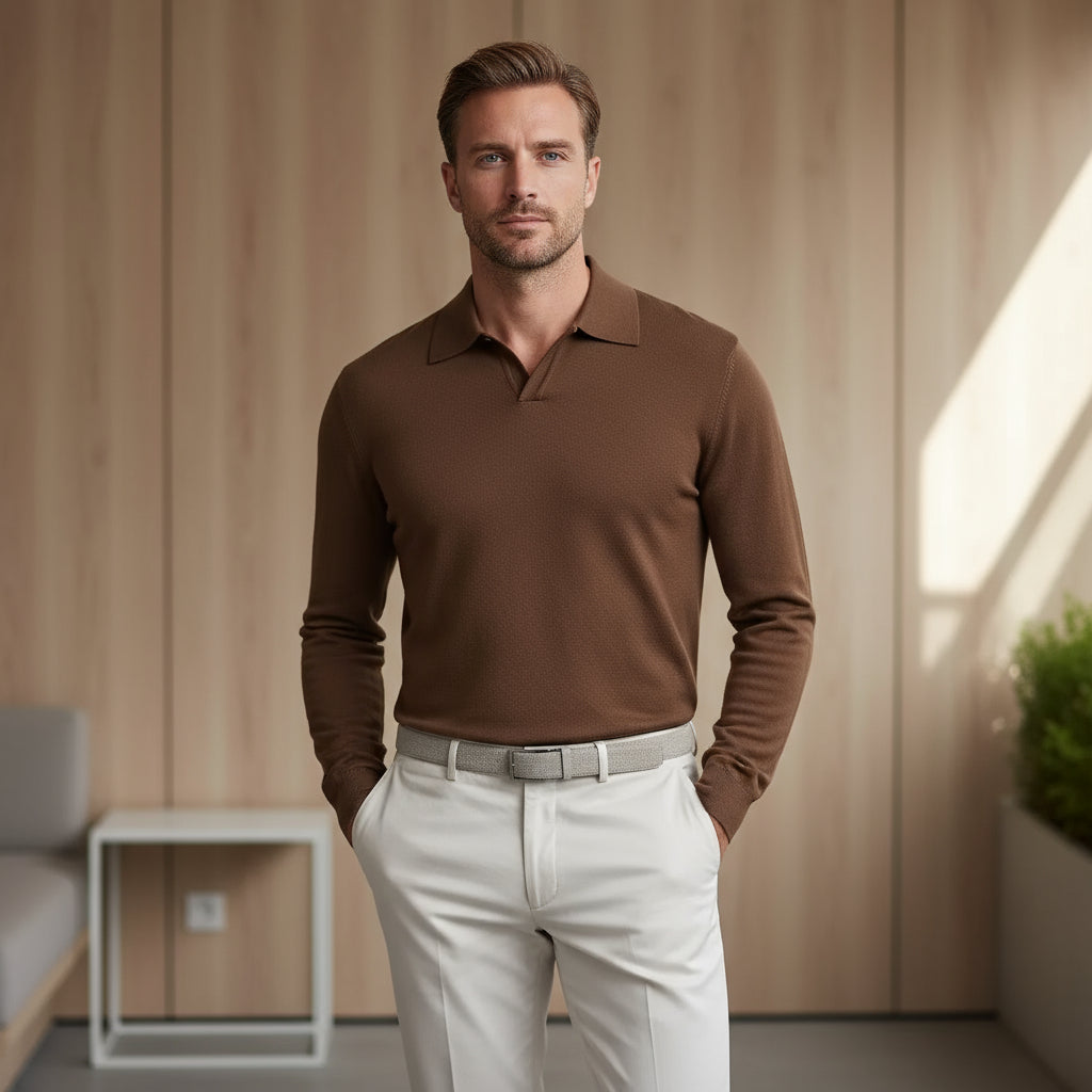 Julian – Heren Poloshirt | Knooploos, Comfortabel, Lange Mouwen-Poloshirts-Basser-Bruin-M-Basser