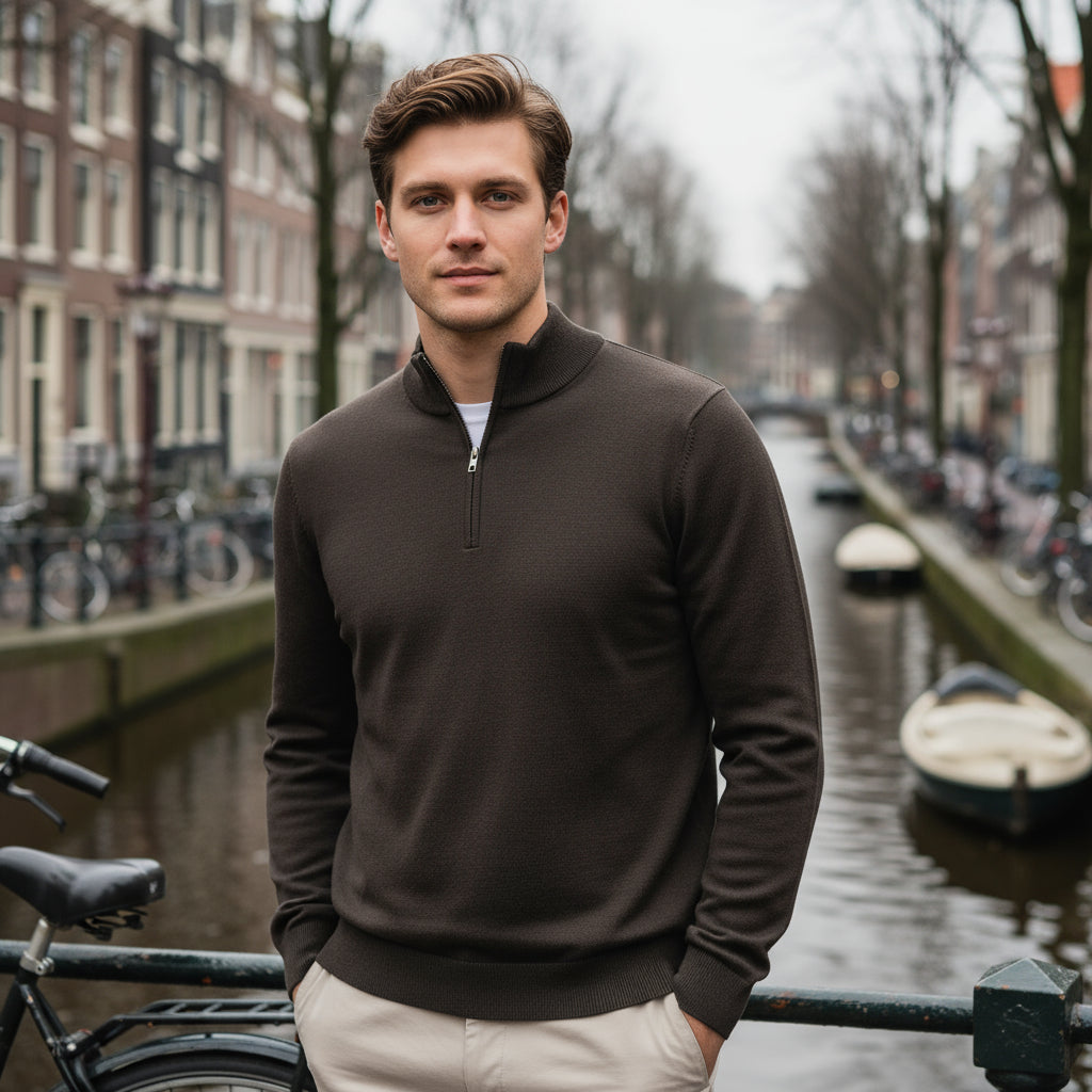 Lars – Heren Sweater | Casual Fit Met Halve Ritssluiting-Herentruien-Basser-Donkerbruin-S-Basser
