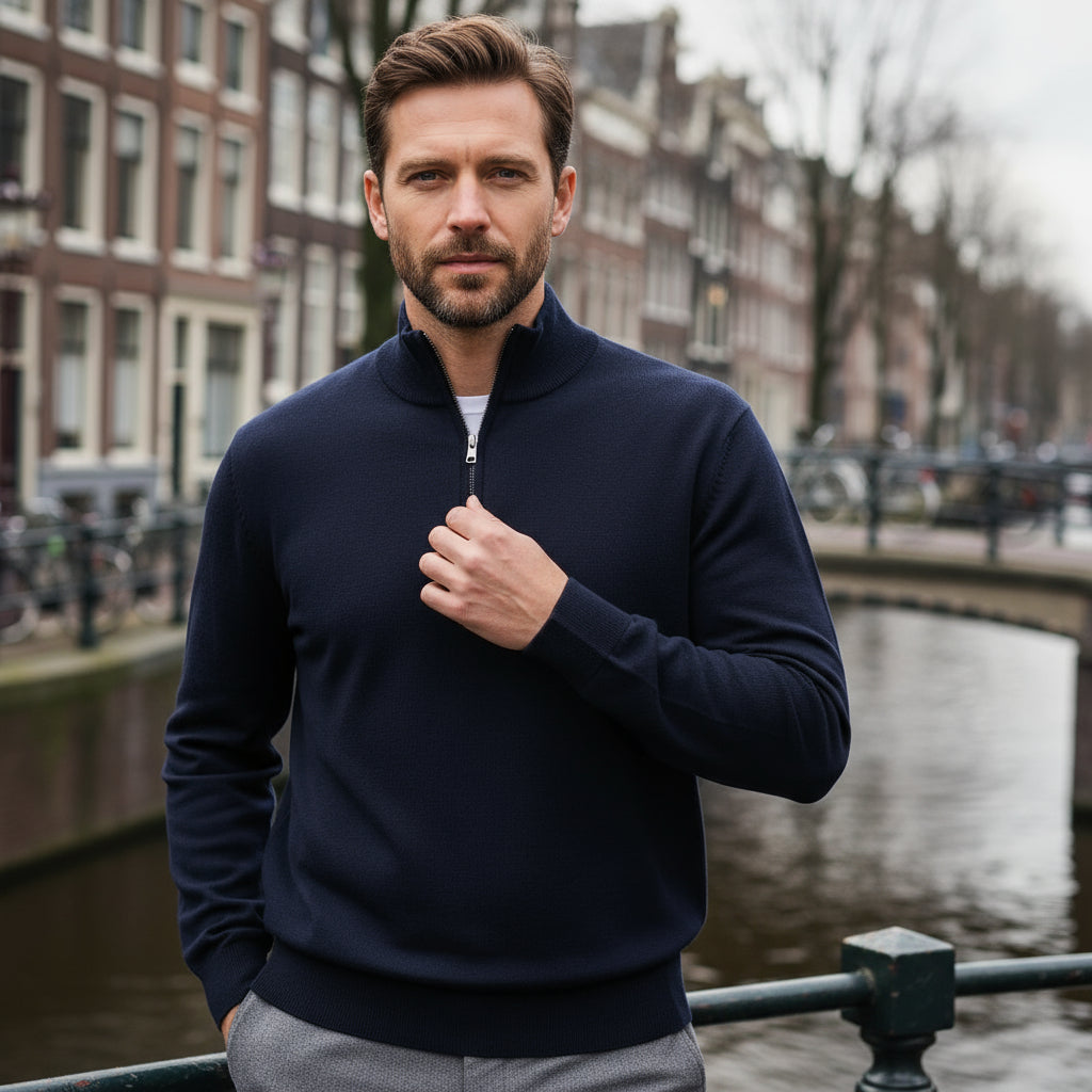 Lars – Heren Sweater | Casual Fit Met Halve Ritssluiting-Herentruien-Basser-Marineblauw-S-Basser