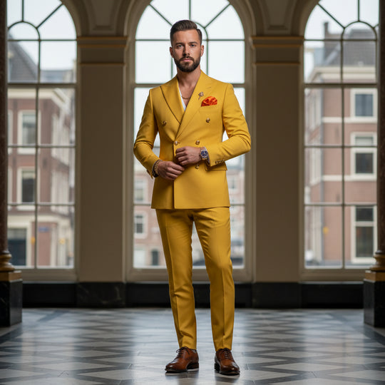 Levi Heren Kostuum | Dubbele Rij Knopen-Herenpakken-Basser-Geel-Basser