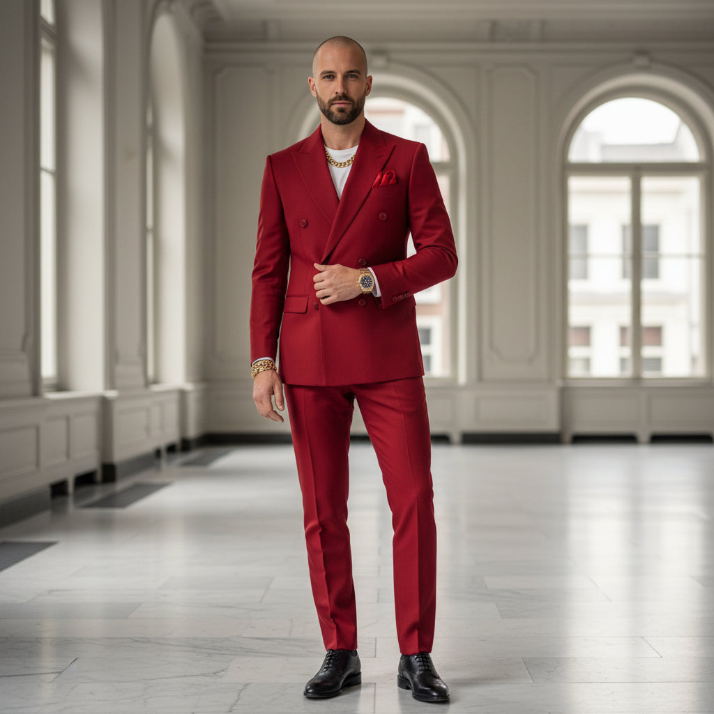 Levi Heren Kostuum | Dubbele Rij Knopen-Herenpakken-Basser-Rood-Basser